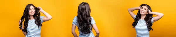 Collage of brunette woman toughing curly long hair and smiling isolated on yellow, panoramic shot — Stock Photo