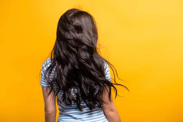 Vista trasera del viento soplando a través de cabello moreno de mujer con rizos aislados en amarillo - foto de stock