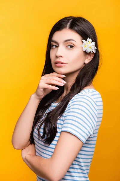 Morena joven con flores en el pelo mirando hacia otro lado aislado en amarillo - foto de stock