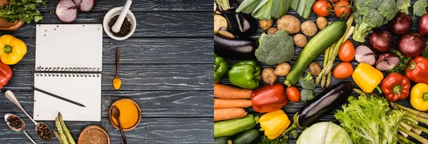 Collage de verduras frescas de colores, especias y cuaderno en blanco en la superficie de madera - foto de stock