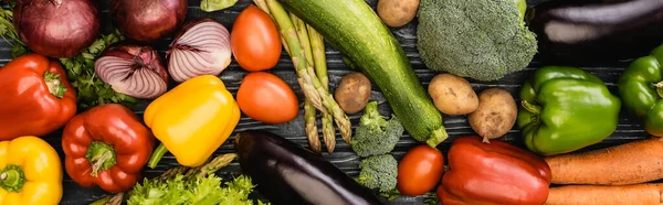 Вид сверху на свежие красочные вкусные овощи, панорамный снимок — стоковое фото