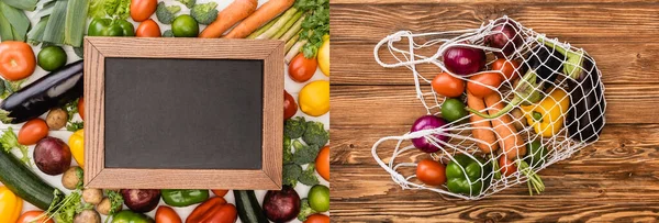 Collage de fruits et légumes frais mûrs près du tableau blanc et sac à ficelle avec de la nourriture sur une table en bois — Photo de stock
