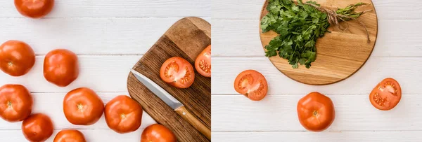 Colagem de salsa e tomates na tábua de corte com faca na mesa de madeira branca, tiro panorâmico — Fotografia de Stock