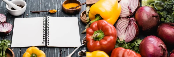 Colagem de vegetais coloridos frescos, especiarias e caderno em branco na superfície de madeira — Fotografia de Stock