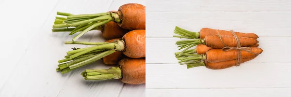 Collage of fresh carrots tied with rope on white wooden table — Stock Photo