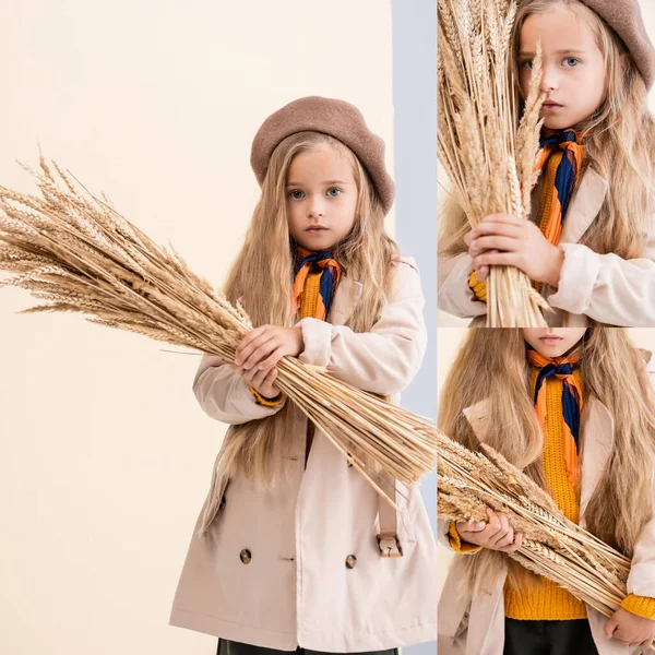 Collage of fashionable blonde girl in autumn outfit with wheat spikes — Stock Photo