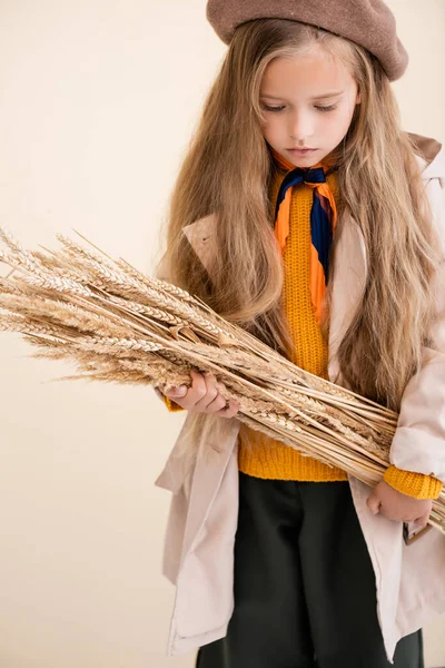 Ragazza bionda alla moda in abito autunno con punte di grano isolato su beige — Foto stock