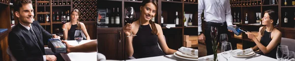 Collage de mujer elegante sosteniendo copa de vino, y pagando con tarjeta de crédito y teléfono inteligente cerca de novio en el restaurante - foto de stock