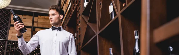 Panoramic shot of young sommelier looking at bottle of wine in restaurant — Stock Photo