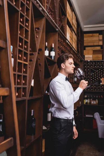 Enfoque selectivo del sommelier oliendo a vino en copa en el restaurante - foto de stock