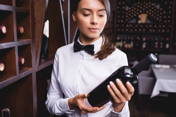 Selective focus of young sommelier in formal wear looking at bottle of wine in restaurant — Stock Photo