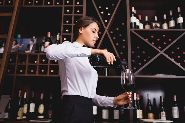 Брюнетка сомелье наливает вино из бутылки в ресторане — стоковое фото