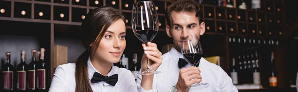 Panoramic shot of sommelier holding glass of wine near colleague — Stock Photo