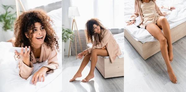 Collage of woman sitting on bed, holding smartphone and laughing at home — Stock Photo