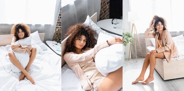 Collage of curly woman lying on bed, holding pillow and touching hair while laughing in bedroom — Stock Photo