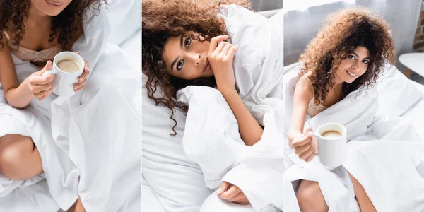 Collage einer fröhlich lockigen Frau, die in eine weiße Decke gehüllt in die Kamera blickt und eine Tasse Kaffee in der Hand hält — Stockfoto