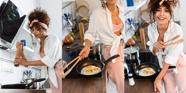 Collage de mujer alegre sosteniendo pinzas de cocina mientras cocina huevos en la sartén en la cocina - foto de stock