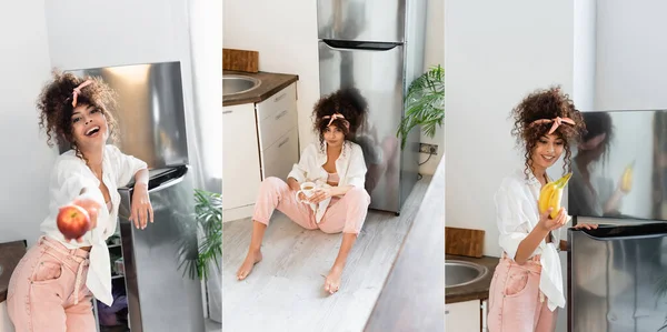 Collage of excited woman holding tasty fruits near fridge — Stock Photo