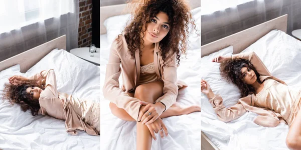 Collage of curly and young woman in pajama resting on bed — Stock Photo