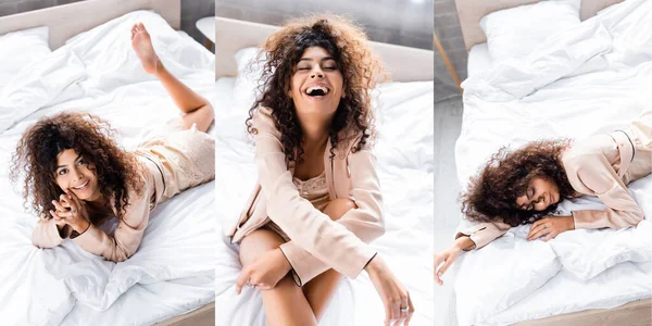 Collage of curly woman in pajama laughing and resting on bed — Stock Photo