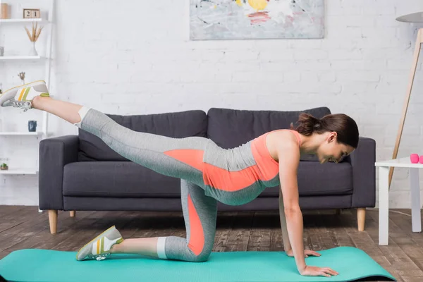 Vue latérale de joyeuse femme enceinte faisant de l'exercice sur tapis de fitness à la maison — Photo de stock