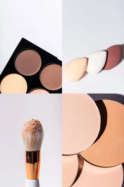 Collage de palette de contours, poudre pour visage, éponges de maquillage, pinceau cosmétique sur fond blanc — Photo de stock