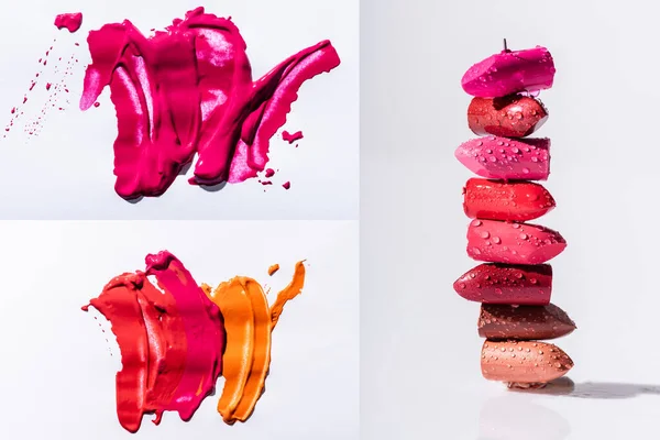 Collage of red, orange and pink abstract brushstrokes and lipsticks on white background — Stock Photo