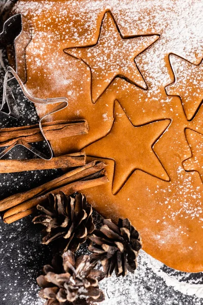 Vista superior de formas de cookies com cones de pinheiro e paus de canela — Fotografia de Stock