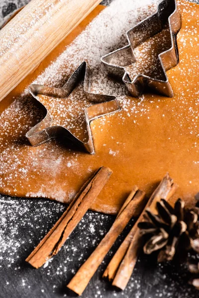 Galletas de Navidad con formas de cortador, cono de pino y varillas de canela - foto de stock