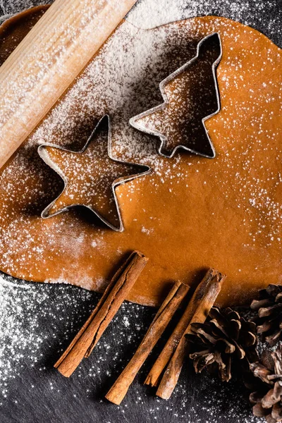 Vista superior de las galletas de Navidad con formas de cortador, conos de pino y palitos de canela - foto de stock