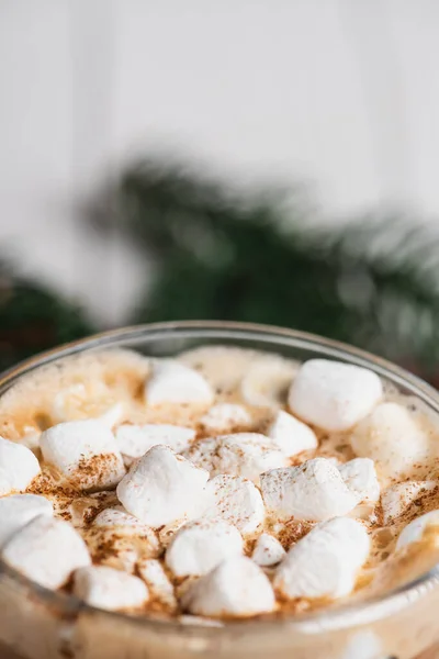 Close up view of glass cup of cocoa with marshmallows and cinnamon — Stock Photo