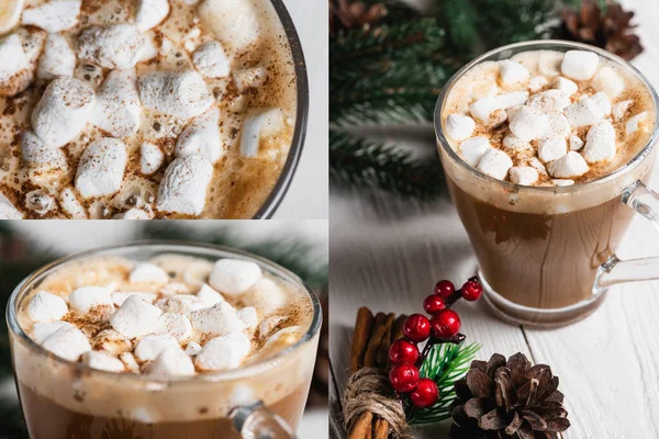 Collage de tasse de cacao avec guimauves près du cône de pin et bâtonnets de cannelle — Photo de stock