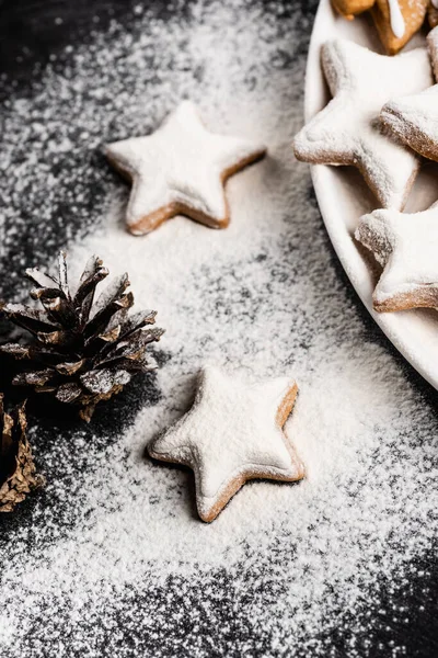 Gingerbread cookies near pine cone covered with sugar powder — Stock Photo