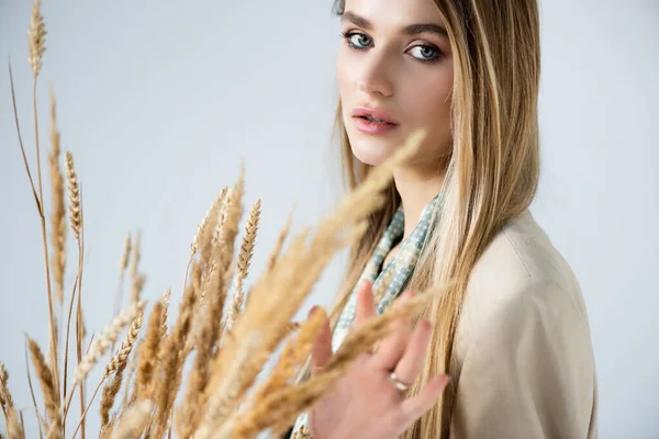 Donna guardando macchina fotografica vicino spikelets grano su primo piano sfocato — Foto stock