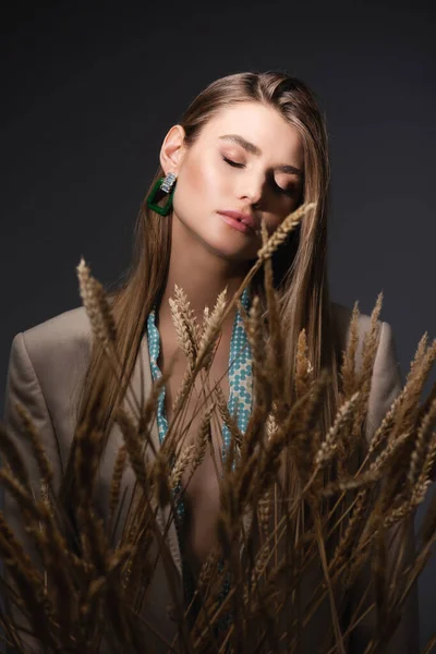 Young woman with closed eyes standing near wheat spikelets on dark grey background — Stock Photo