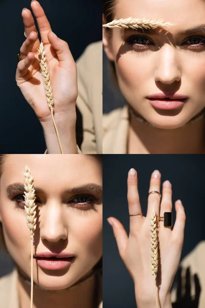 Collage of young woman near wheat spikelet on dark grey — Stock Photo