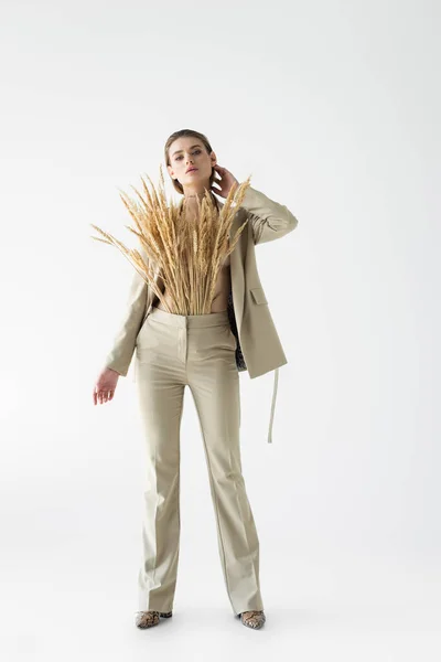 Femme élégante en costume beige avec des épillets de blé posant sur blanc — Photo de stock