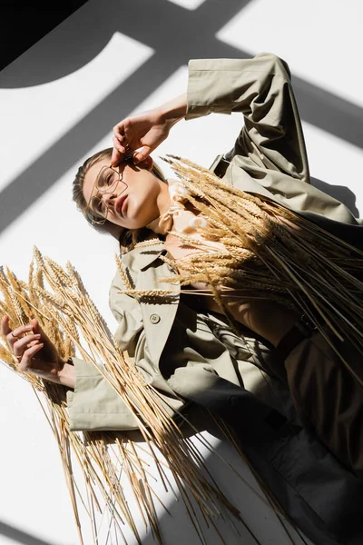 Overhead view of young woman in glasses, trench coat and scarf lying near wheat on white — Stock Photo