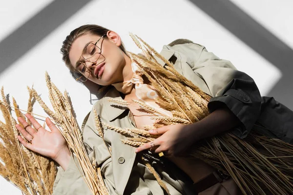 Vista superior de la mujer complacida en gafas, gabardina y bufanda que yace cerca del trigo sobre blanco — Stock Photo