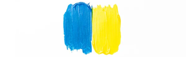 Вид зверху абстрактних барвистих синьо-жовтих фарб пензлики на білому тлі, панорамний знімок — стокове фото