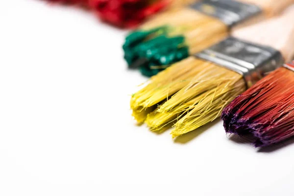 Close up view of dirty paintbrushes on white background — Stock Photo