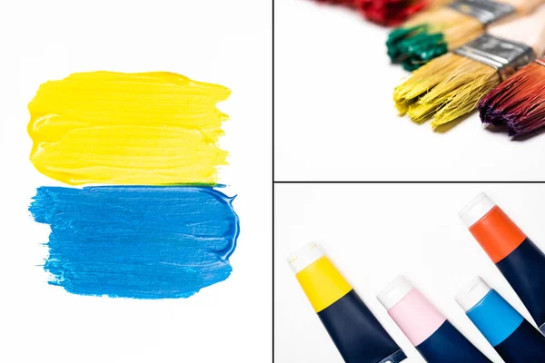 Collage of acrylic paints, brushstrokes and dirty paintbrushes on white background — Stock Photo