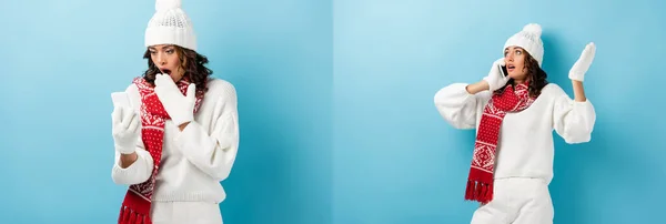 Collage de femme choquée en tenue d'hiver blanche parlant et regardant smartphone sur bleu — Photo de stock