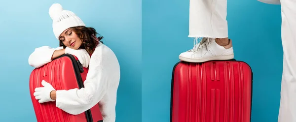 Collage de jeune femme en tenue d'hiver touchant et debout sur une valise rouge sur bleu — Photo de stock