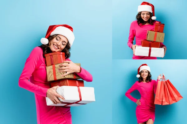 Collage de jeune femme joyeuse dans un chapeau de Père Noël tenant des sacs à provisions et des cadeaux sur bleu — Photo de stock