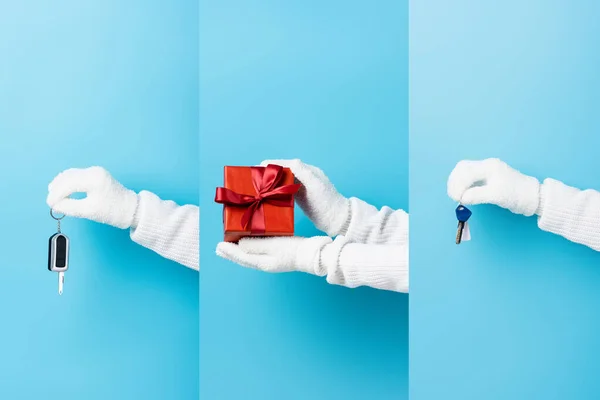 Колаж жінки в білих рукавичках тримає подарунок і ключі на синьому — стокове фото