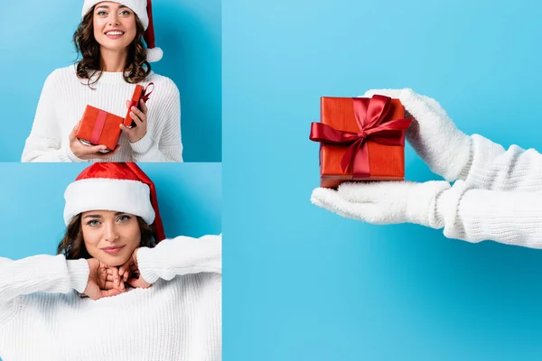 Колаж молодої брюнетки в капелюсі Санта і рукавичках тримає подарунок на синьому — стокове фото