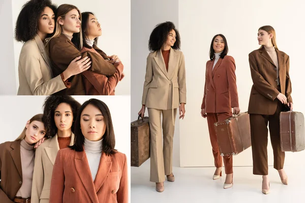 Collage de elegantes modelos interracial en trajes posando y sonriendo mientras sostiene maletas en blanco - foto de stock