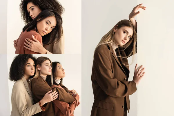 Collage of young and stylish interracial models in suits hugging while posing on white — Stock Photo