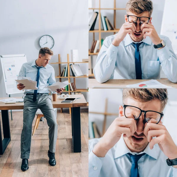 Collage de hombre de negocios trabajando con papeles y ojos conmovedores en la oficina - foto de stock